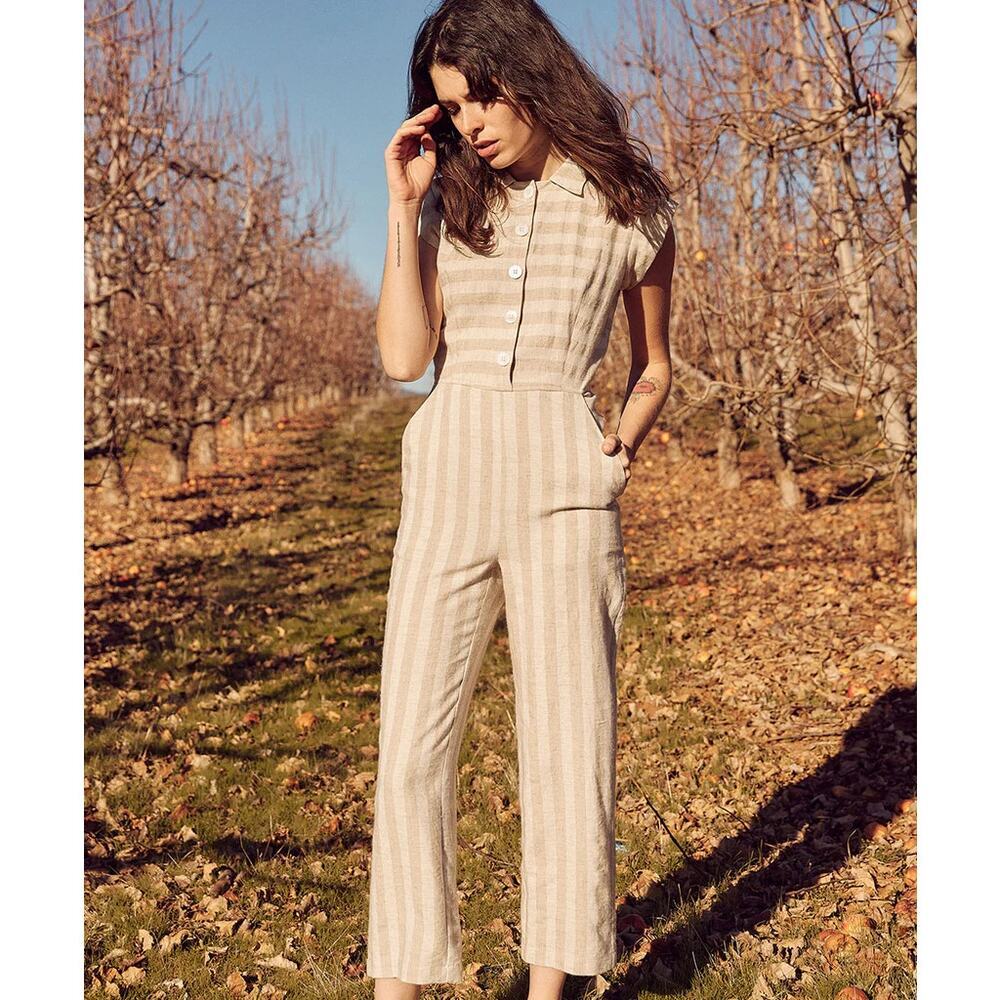 Christy Dawn Women's Phoebe Jumpsuit Ecru Stripe Retro High Waist Linen Recycled